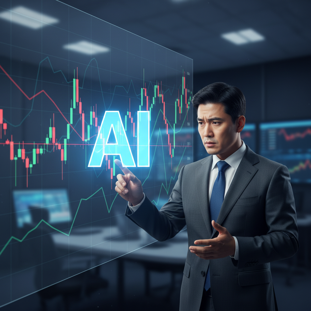 A Korean male economist in a business suit stands in front of a volatile stock market graph, looking concerned. He gestures towards the graph, which has an "AI" overlay, indicating a warning about the AI bubble. The atmosphere is serious and analytical. Clean infographic style with a slight realistic touch, no text.