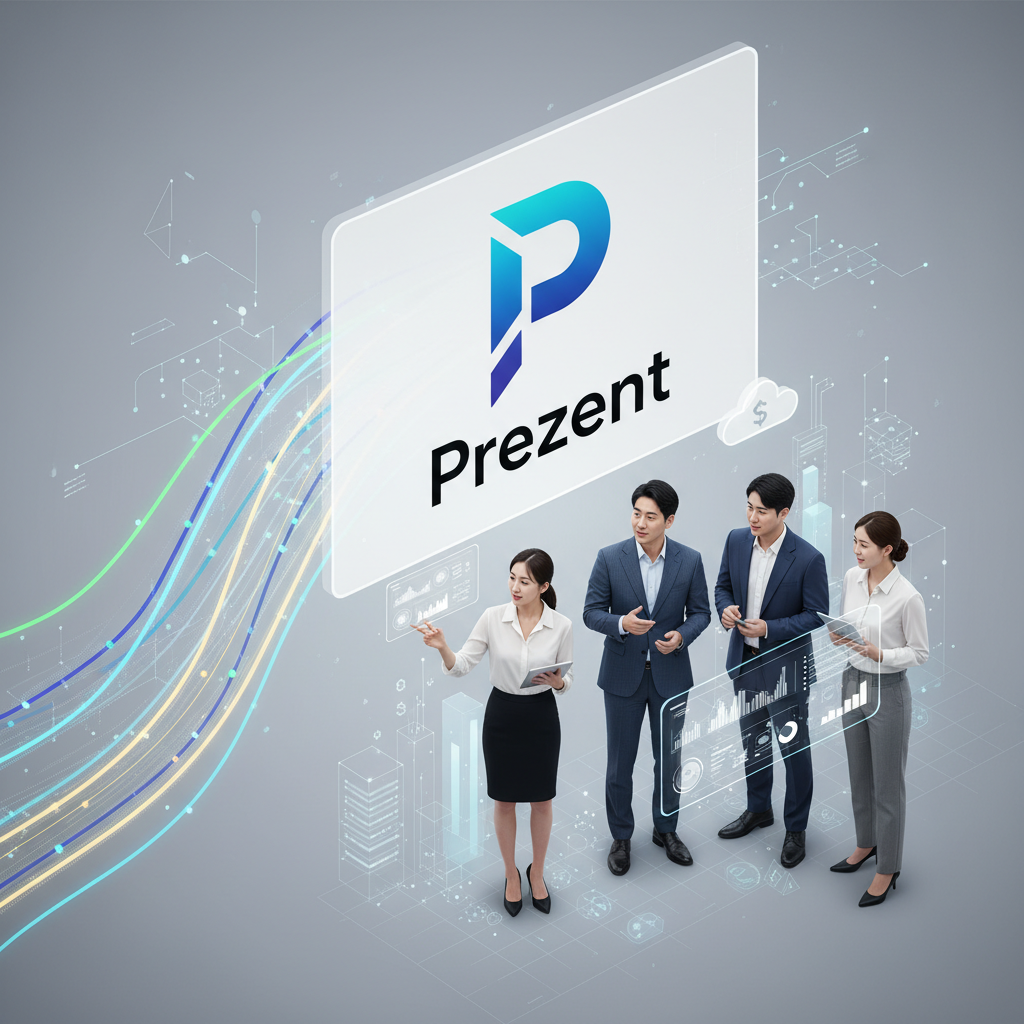 A dynamic infographic showing money flowing into a company logo (Prezent). The image features digital graphs, a diverse group of professional Korean people collaborating, and a sense of innovation and growth. Clean, modern design, no text.