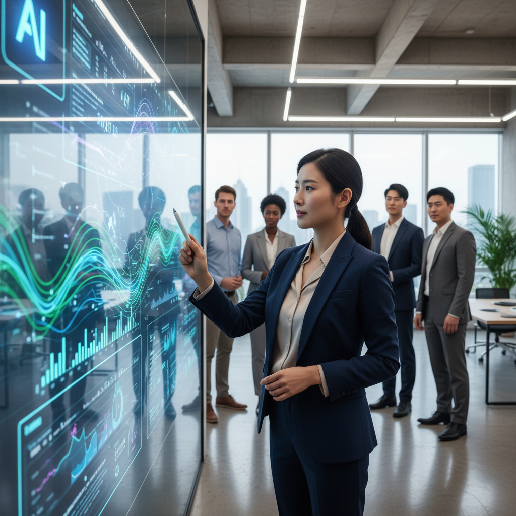 A professional Korean woman using an AI-powered presentation tool on a large screen in a modern office. The screen displays dynamic, AI-generated slides with complex data presented clearly. She is interacting with the interface using a stylus, and other diverse colleagues are observing attentively in the background. Lifestyle photography style, no text.