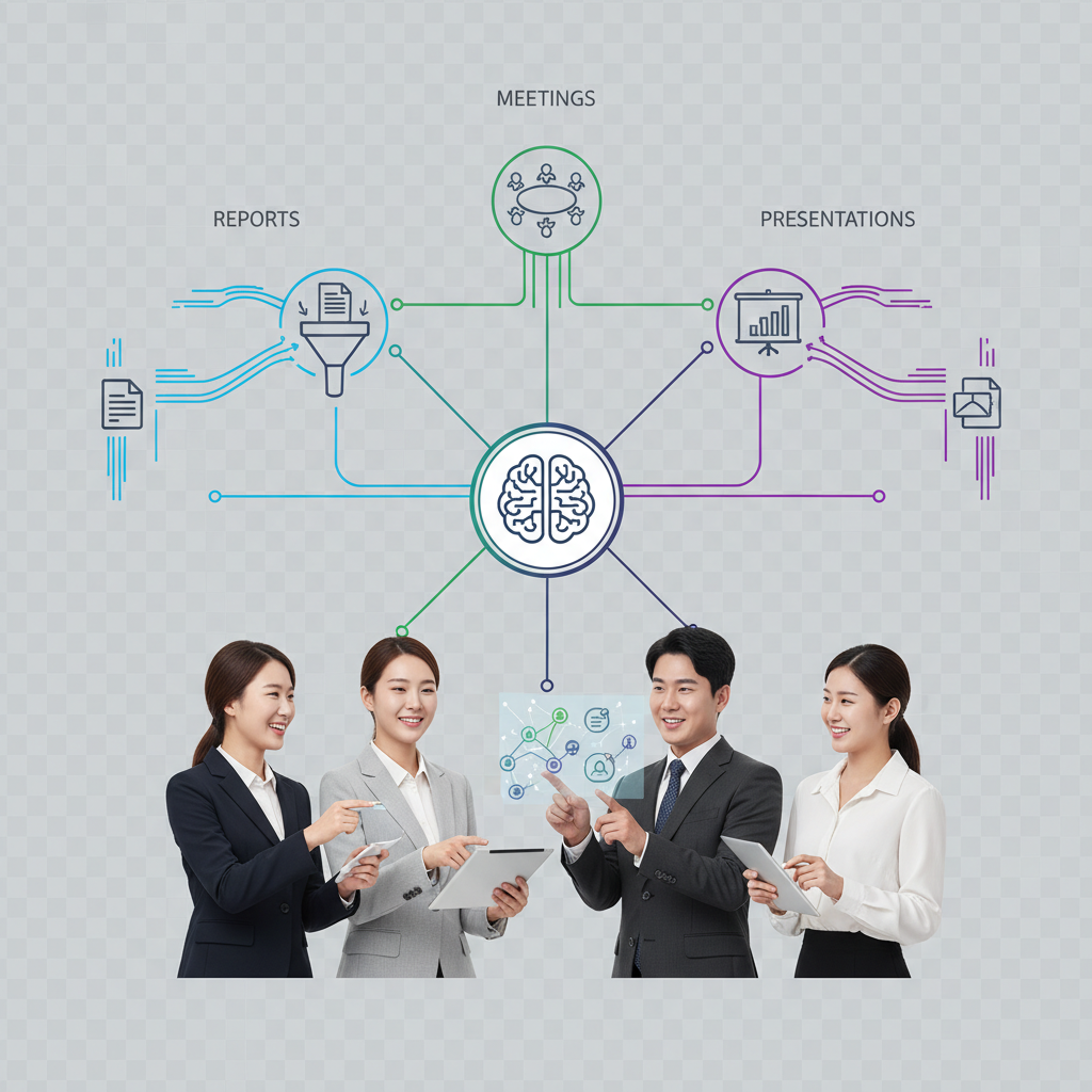 An infographic showing various business communication channels (reports, meetings, presentations) being streamlined by AI. Visual elements include interconnected nodes, data flow, and smiling Korean professionals efficiently collaborating. The overall style is clean and informative, no text.