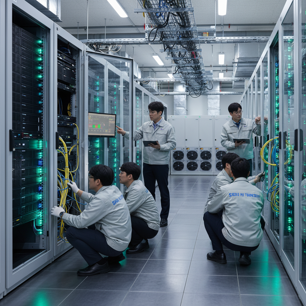 A realistic image of Korean engineers working inside a large, modern data center. Rows of glowing server racks are visible, and engineers are meticulously checking connections and monitors. The lighting is cool and functional, reflecting off the metallic surfaces. Style: technical photography. No text.