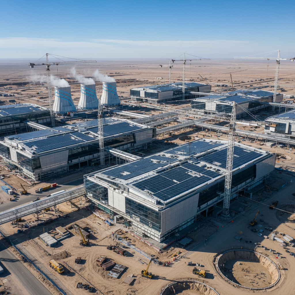 An aerial view of a massive, futuristic hyperscale data center complex under construction, with cranes and large buildings sprawling across a vast landscape. Show elements like solar panels or advanced cooling towers. The overall impression is one of immense scale and technological advancement. Style: clean, modern architectural photography. No text.