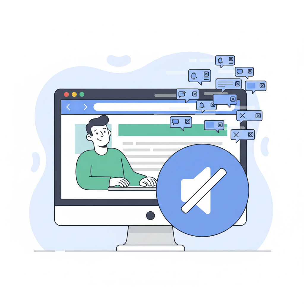 A clean infographic showing a Google Chrome browser window with many small, annoying notification pop-ups disappearing or being silenced by a large, friendly 'mute' icon. The user at a computer looks relieved. Clear, simple design. No text.