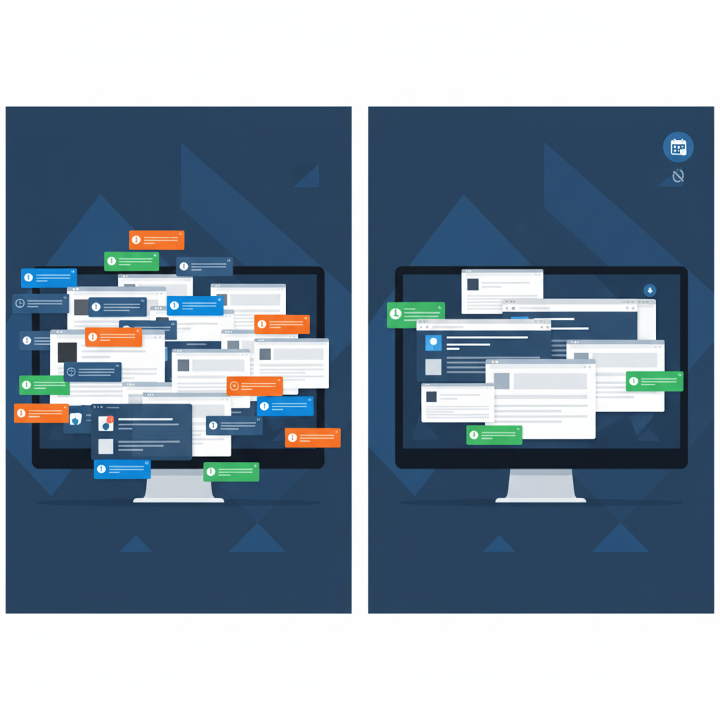A split screen infographic. On one side, a cluttered desktop with many notification pop-ups from various websites. On the other side, the same desktop is clean, with a single, relevant notification and a subtle icon indicating silenced notifications. Style: clean infographic. No text.