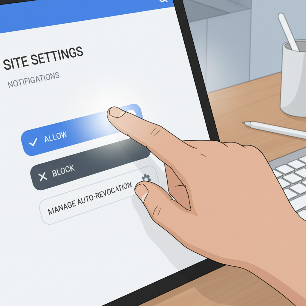 A close-up shot of a human hand (Korean) interacting with a Google Chrome settings menu on a tablet or desktop, specifically highlighting notification settings. There are options for 'allow,' 'block,' and 'manage auto-revocation.' Style: clean UI-focused illustration. No text.