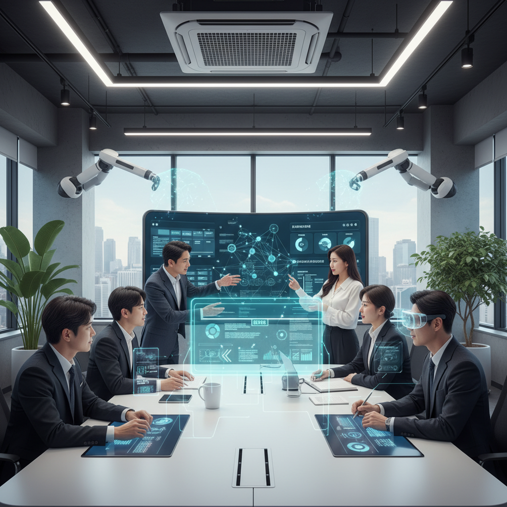 A modern office setting where a diverse group of Korean professionals are collaborating, with subtle AI interface elements (e.g., holographic displays, smart screens) integrated seamlessly into their workspace. Focus on a balanced interaction between human and technology, showing both people and AI tools working together. Realistic, clean infographic style. No text.