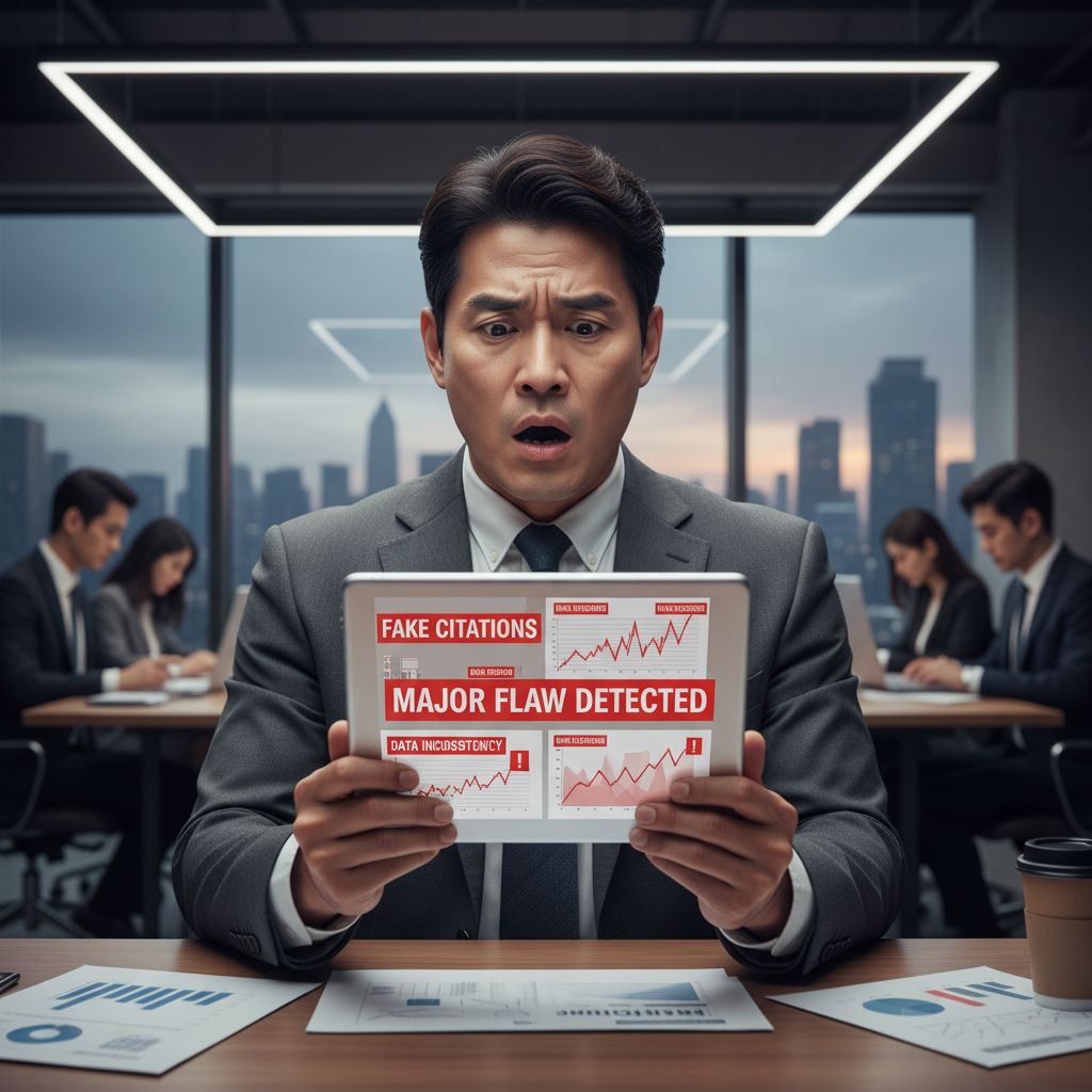 A bewildered Korean businessman looking at a digital report on a tablet, which clearly shows errors like fake citations highlighted in red, indicating a major flaw. The background is a modern office, emphasizing a sense of urgency and frustration. Cinematic, realistic photography, clear focus on the report and the man's expression. No text.