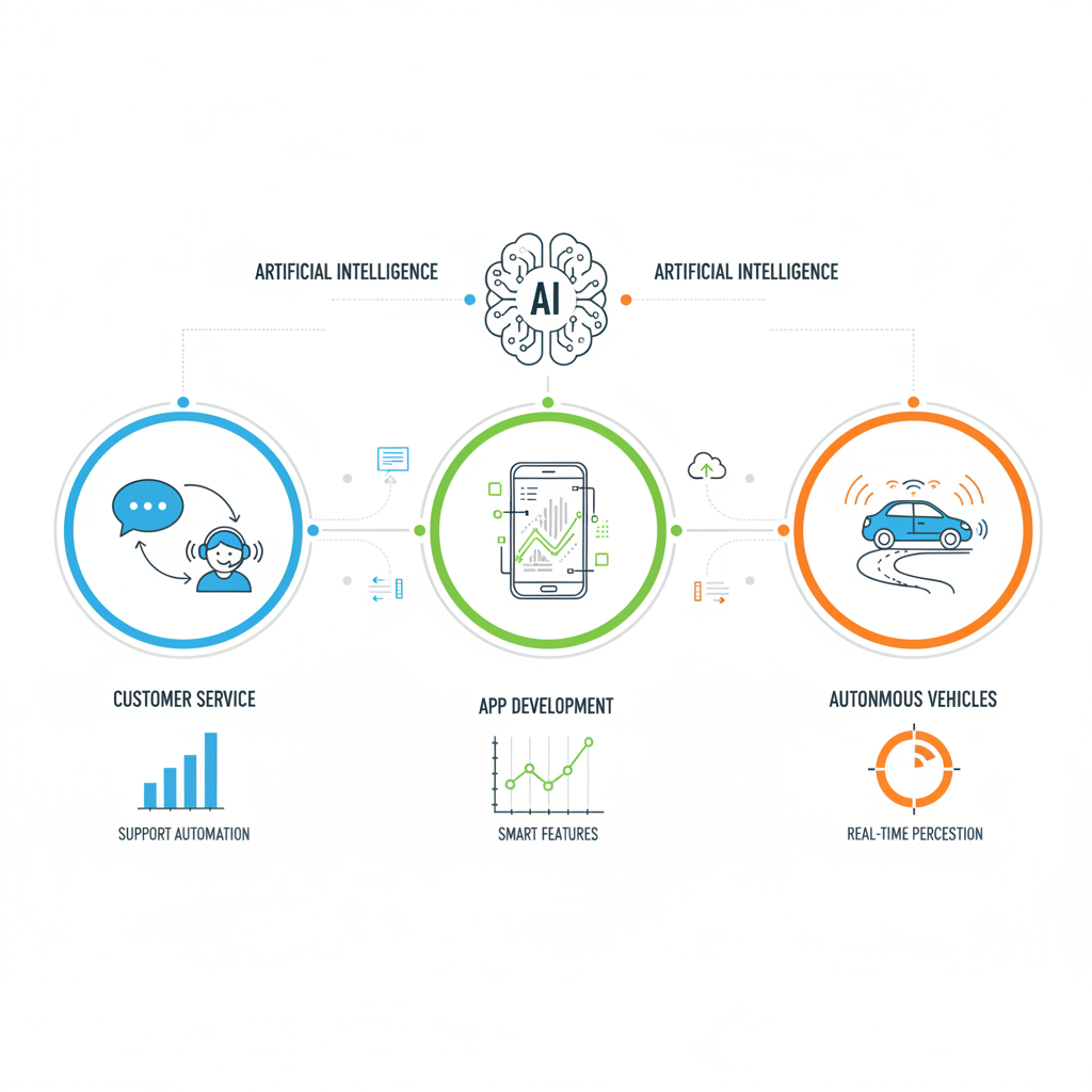 A clean infographic illustrating various real-world applications of AI across different industries like customer service (chatbot icon, person with headset), app development (mobile phone icon with futuristic interface), and autonomous vehicles (self-driving car icon on a road). Use connected lines and subtle data visualizations to show integration. Clean, modern infographic style, high detail. No text.