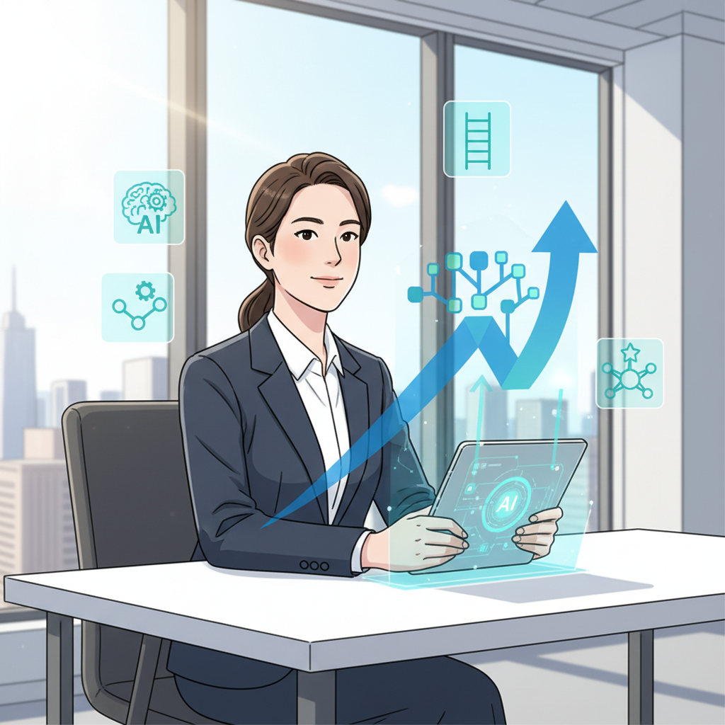 A Korean business person confidently planning their career path with AI tools on a tablet in a modern office setting. The person is looking determined. Style: clean infographic with a touch of lifestyle. No text in image.