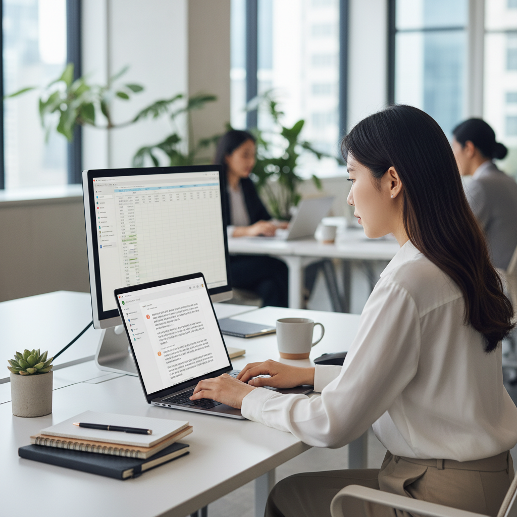 A Korean office worker skillfully using ChatGPT on a laptop to draft a professional report, with a clear and efficient workspace. The scene conveys focus and productivity. Style: lifestyle photography. No text in image.