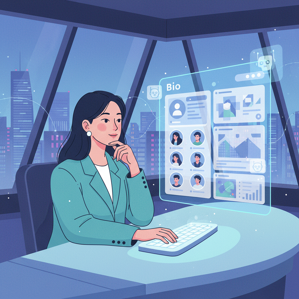 A Korean professional carefully curating their online presence, possibly a social media profile or blog, with AI assistant icons subtly displayed on their screen, emphasizing personal branding and networking. Style: modern illustration. No text in image.