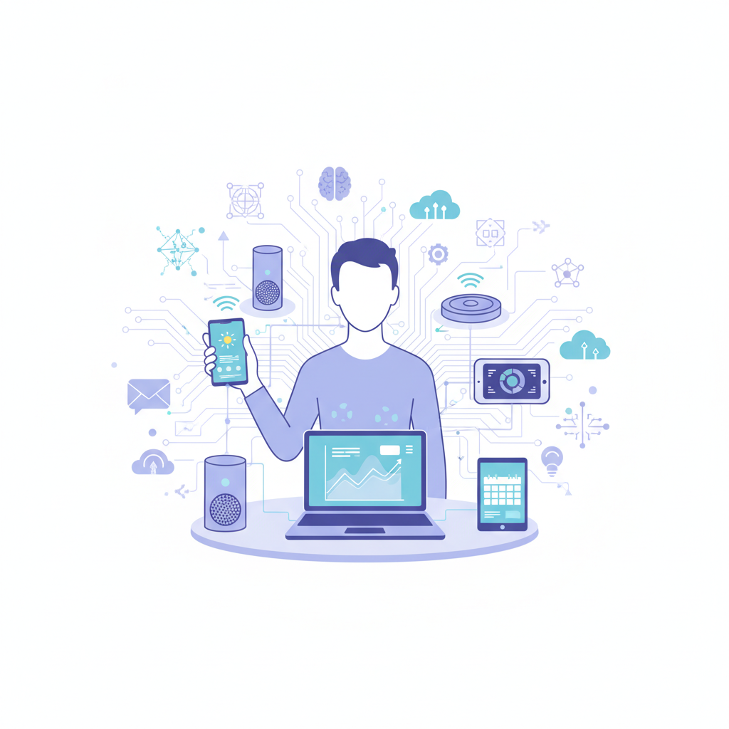 An illustrative infographic showing a person interacting with various digital devices like a smartphone, laptop, and smart home devices, with AI symbols subtly integrated into the background, depicting the pervasive nature of AI in daily life. Style: clean infographic. No text.