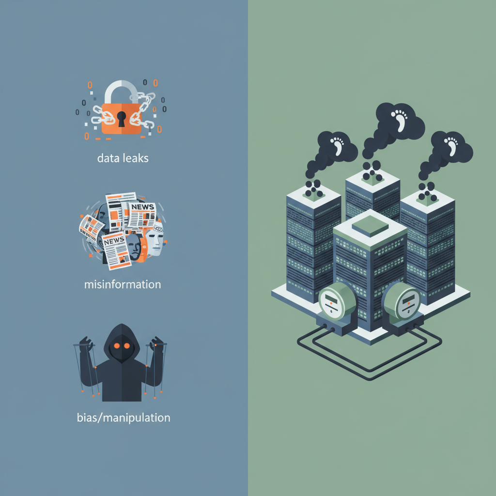 A thought-provoking infographic showing various AI risks like data leaks and misinformation, alongside a visual representation of energy consumption by data centers with electricity meters and carbon footprints. Style: clean infographic. No text.