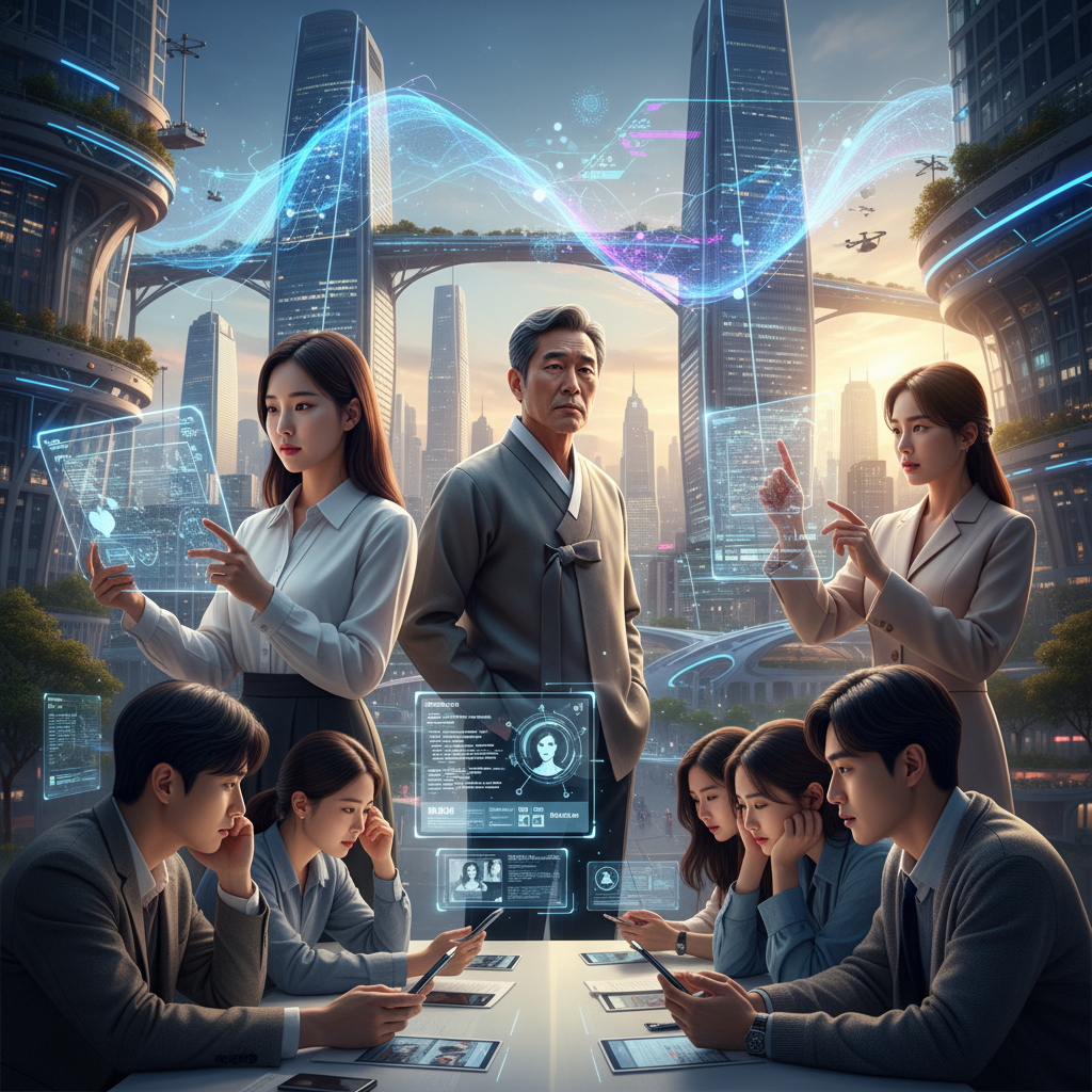 A diverse group of Korean people in a modern cityscape, some engaging with technology, others looking contemplative, symbolizing the coexistence and ethical dilemmas of humans in an AI-pervasive world. Style: lifestyle photography. No text.