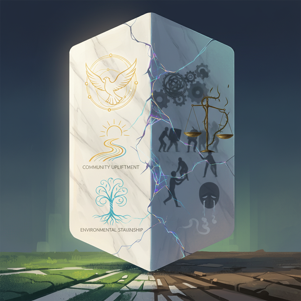 A thought-provoking illustration depicting a corporate facade with a clear, noble mission statement, but behind it, subtle cracks and shadows reveal conflicting actions and internal struggles. Focus on metaphorical imagery, not literal depiction. Style: conceptual illustration, no text.