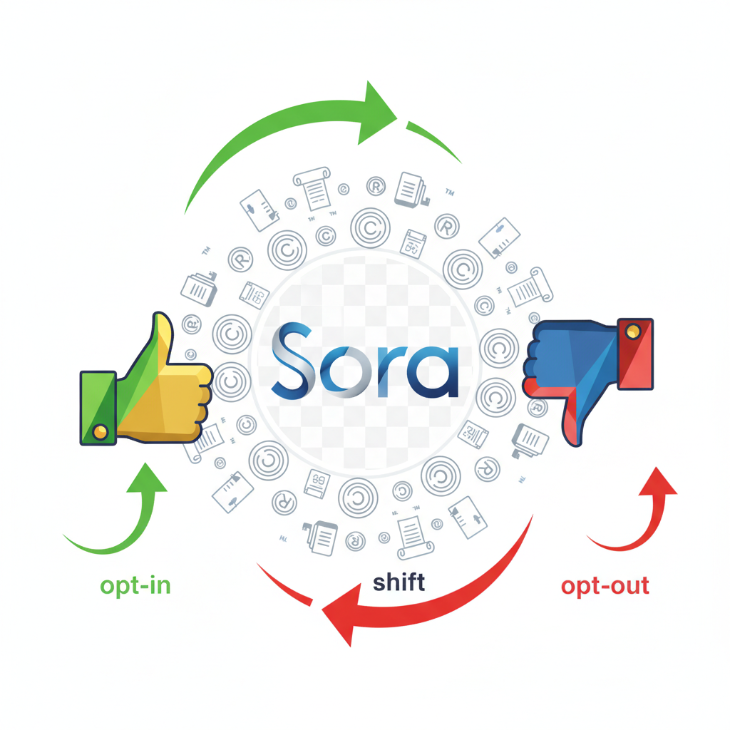 A dynamic infographic showing a stylized 'Sora' logo at the center, surrounded by various copyright symbols and legal documents. On one side, a "thumbs up" (opt-in) gesture, on the other, a "thumbs down" (opt-out) gesture, with arrows indicating a shift between them. Focus on clean design and legal implications. No text.