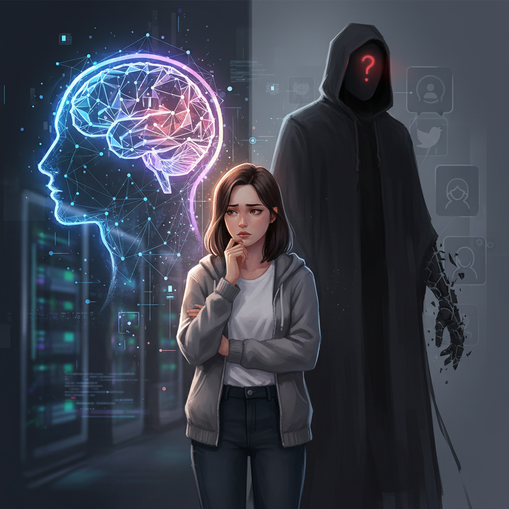 A poignant illustration of a Korean AI developer looking conflicted, standing between a brightly glowing AI interface representing technological advancement and a shadowed figure representing ethical concerns and human impact. The background subtly hints at data centers and social media interfaces. Style: modern illustration, slightly melancholic, no text.