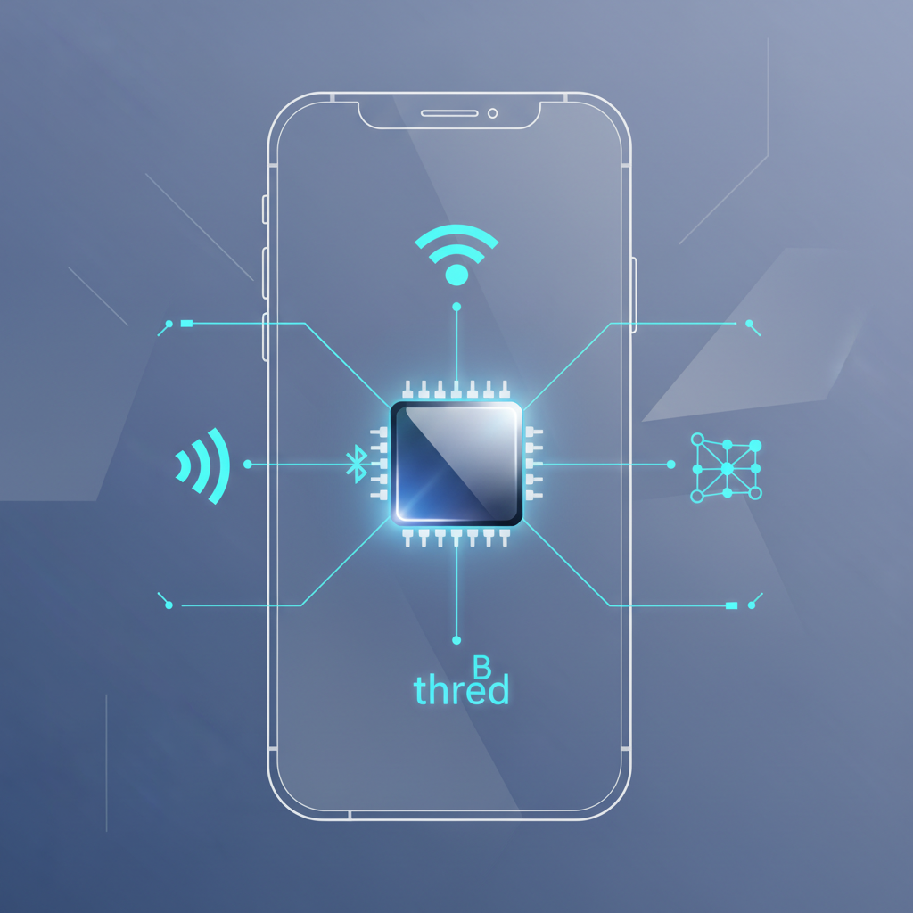 A sleek, futuristic microchip glowing with lines of Wi-Fi, Bluetooth, and Thread symbols radiating from it, symbolizing advanced wireless technology. The chip is integrated into a modern, minimalist iPhone outline. Clean infographic style, no text.