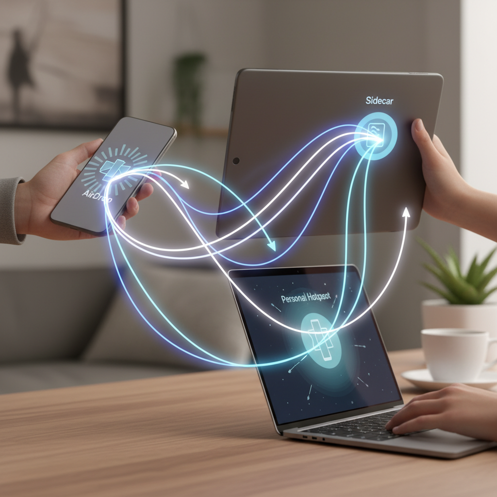 Three hands, one holding an iPhone, another an iPad, and a third on a MacBook keyboard, all seamlessly connected by flowing lines of light, representing AirDrop, Personal Hotspot, and Sidecar. Lifestyle photography, natural lighting, no text.