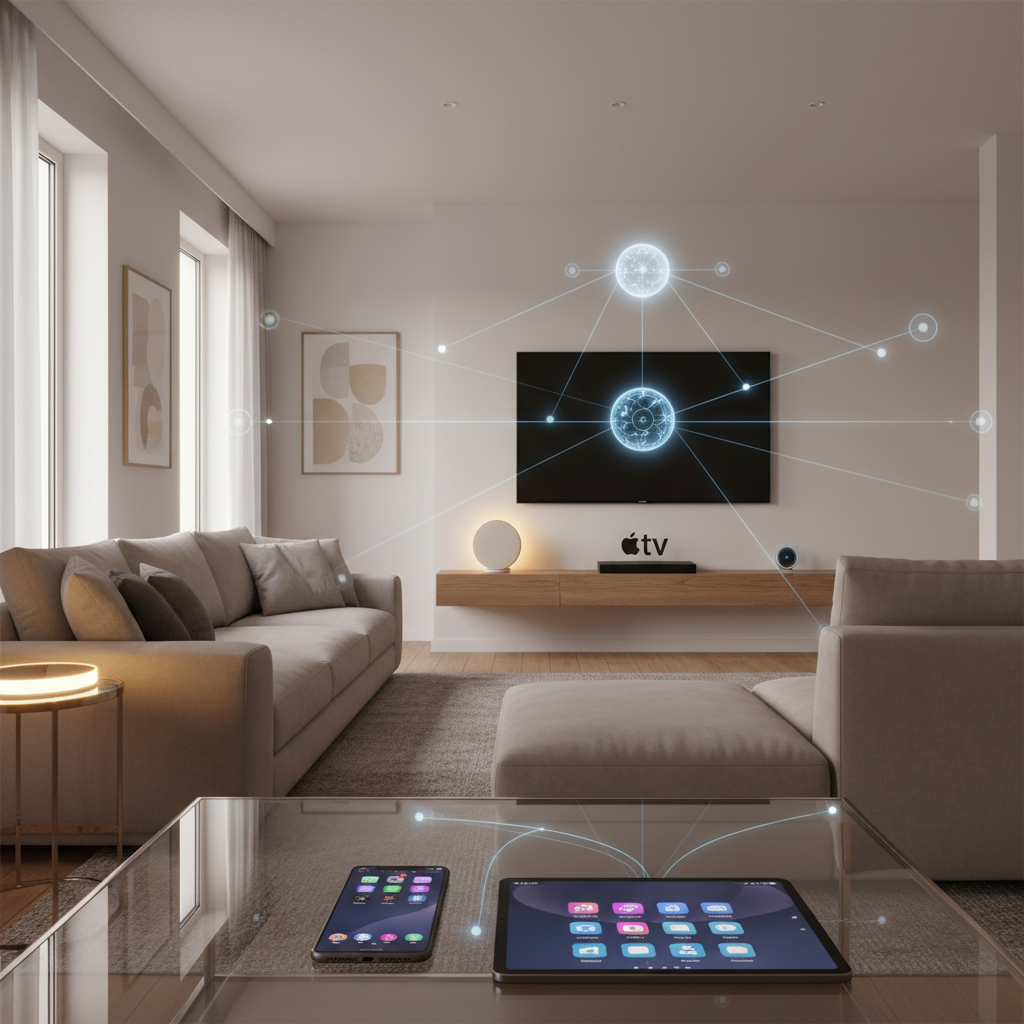 A modern living room with an Apple TV, HomePod, and other smart home devices (like smart lights) subtly interconnected with wireless signals, with an iPhone or iPad in the foreground. Warm, inviting atmosphere, clean and minimalist design, no text.