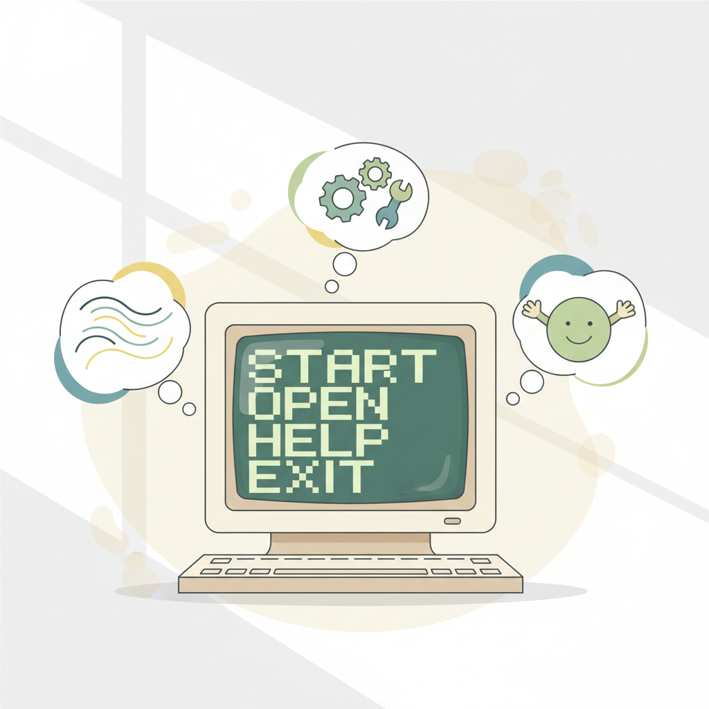 Clean infographic showing the concept of a humane computer interface, with an old-school computer screen displaying simple, intuitive text-based commands, surrounded by thought bubbles representing ease of use, functionality, and user-friendliness. Soft, natural lighting. No text.