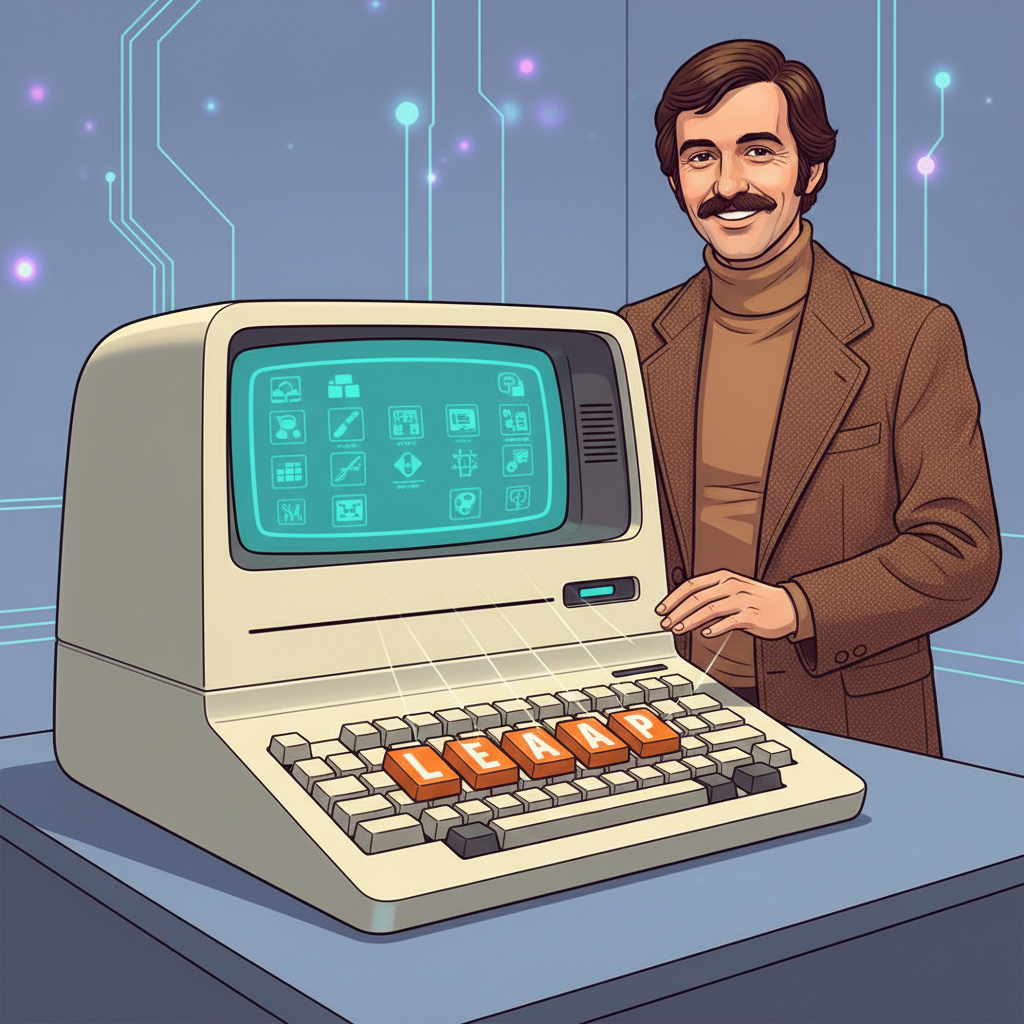 Illustration of Jef Raskin standing next to a conceptual Swyft computer, an all-in-one monochrome display and built-in keyboard, with "LEAP" keys highlighted. The style is a retro-futuristic illustration, clean and focused on user interaction. No text.