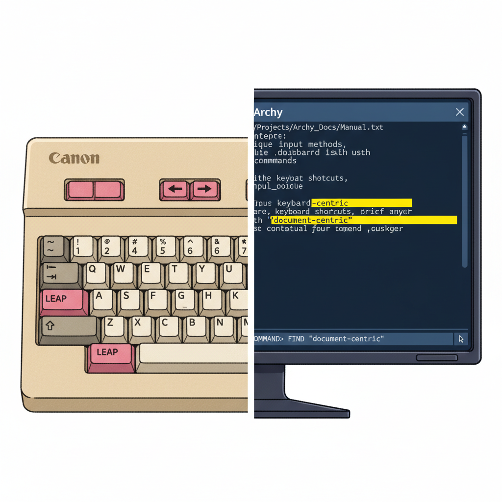 A side-by-side comparison illustration of the Canon Cat's keyboard with its pink LEAP keys, and a modern computer screen displaying the Archy interface with its command-line and highlighted text. Emphasize the unique input methods and document-centric view. No text.