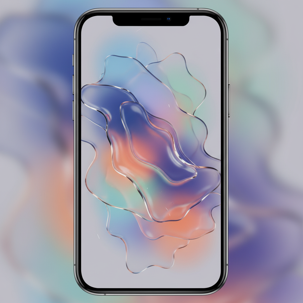 A sleek, modern smartphone screen displaying the 'Liquid Glass' design of iOS 26. The screen shows translucent, fluid elements, reflecting blurred colors from content underneath, with subtle motion and depth. Clean, futuristic, abstract art style. No text.