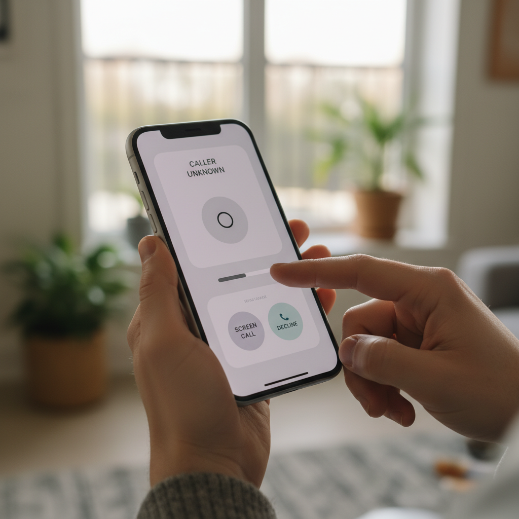 A user's hands holding an iPhone, showcasing practical new features. One hand is interacting with the screen, which displays a simplified camera interface or a call screening notification. Emphasize ease of use and modern aesthetics. Lifestyle photography, natural lighting. No text.
