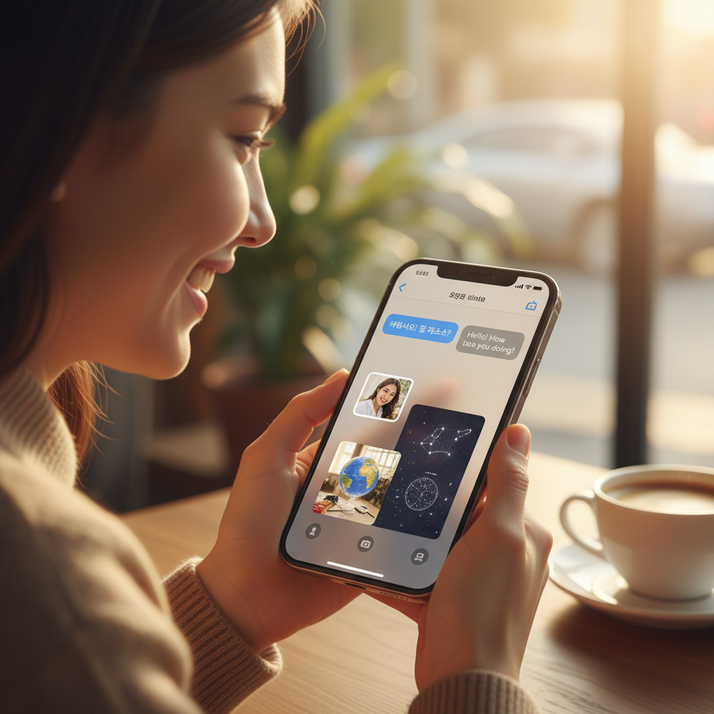 A person smiling while using an iPhone. The phone screen displays a live translation feature in a messaging app, showing text in two languages. Or, a personalized home screen with spatial images. Focus on connection and personalization. Lifestyle photography, warm tones. No text.
