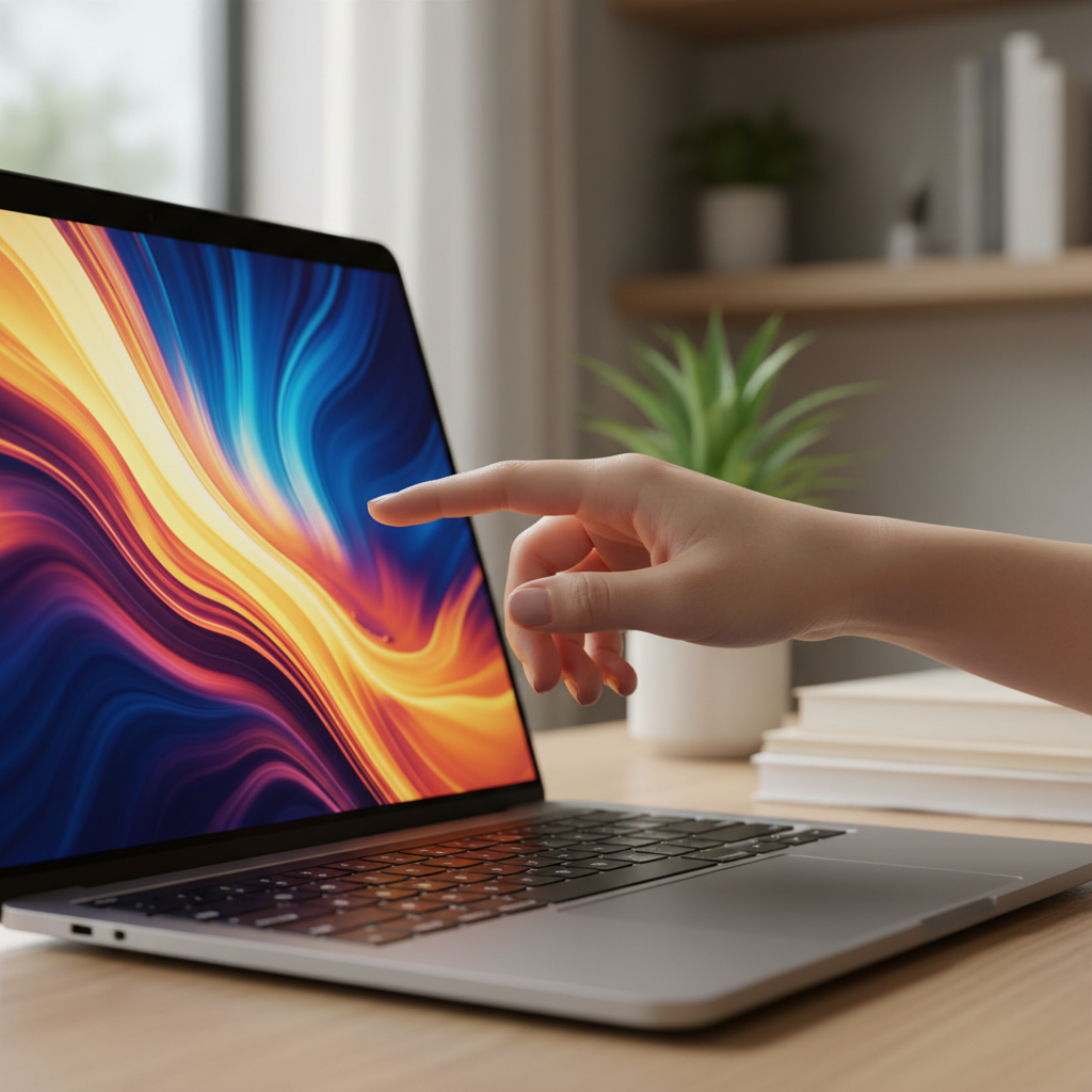 A close-up lifestyle photography shot of a human hand gently touching the screen of a modern MacBook Pro. The screen displays vibrant, colorful content, hinting at OLED quality. The background is a blurred, stylish home office setting. Natural light, soft focus, no text in image, clean aesthetic.