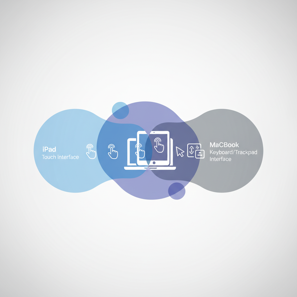 An illustrative infographic showing the seamless integration of user experience between an iPad and a MacBook. Two distinct but connected bubbles representing iPad's touch interface and MacBook's keyboard/trackpad interface, gradually merging into one. Stylized icons of touch gestures and pointer movements. Clean, modern infographic style, no text.
