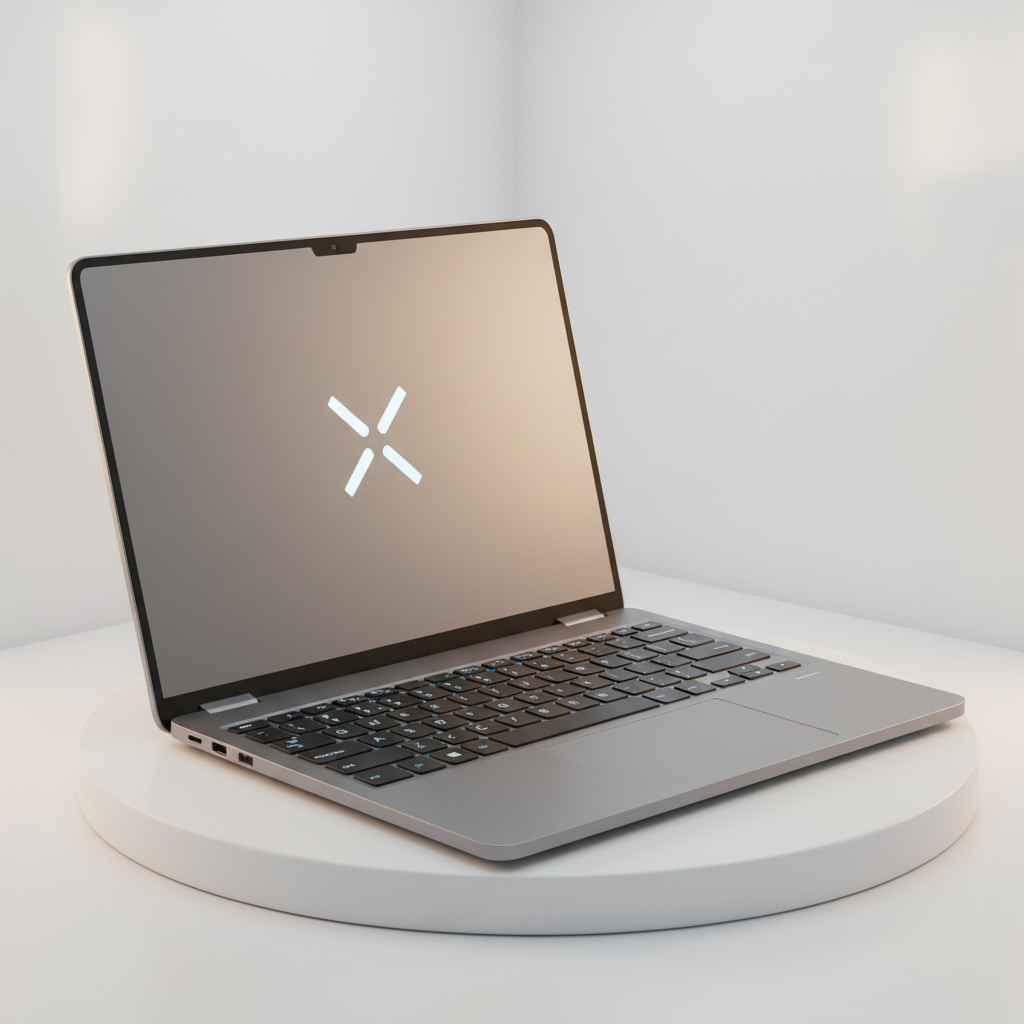 A sleek, minimalist, and future-forward design of a low-cost laptop. The design emphasizes portability and essential functionality, with a clean aesthetic. No visible Apple logo, but hints at modern tech. Soft, inviting lighting, studio product photography style, no text.