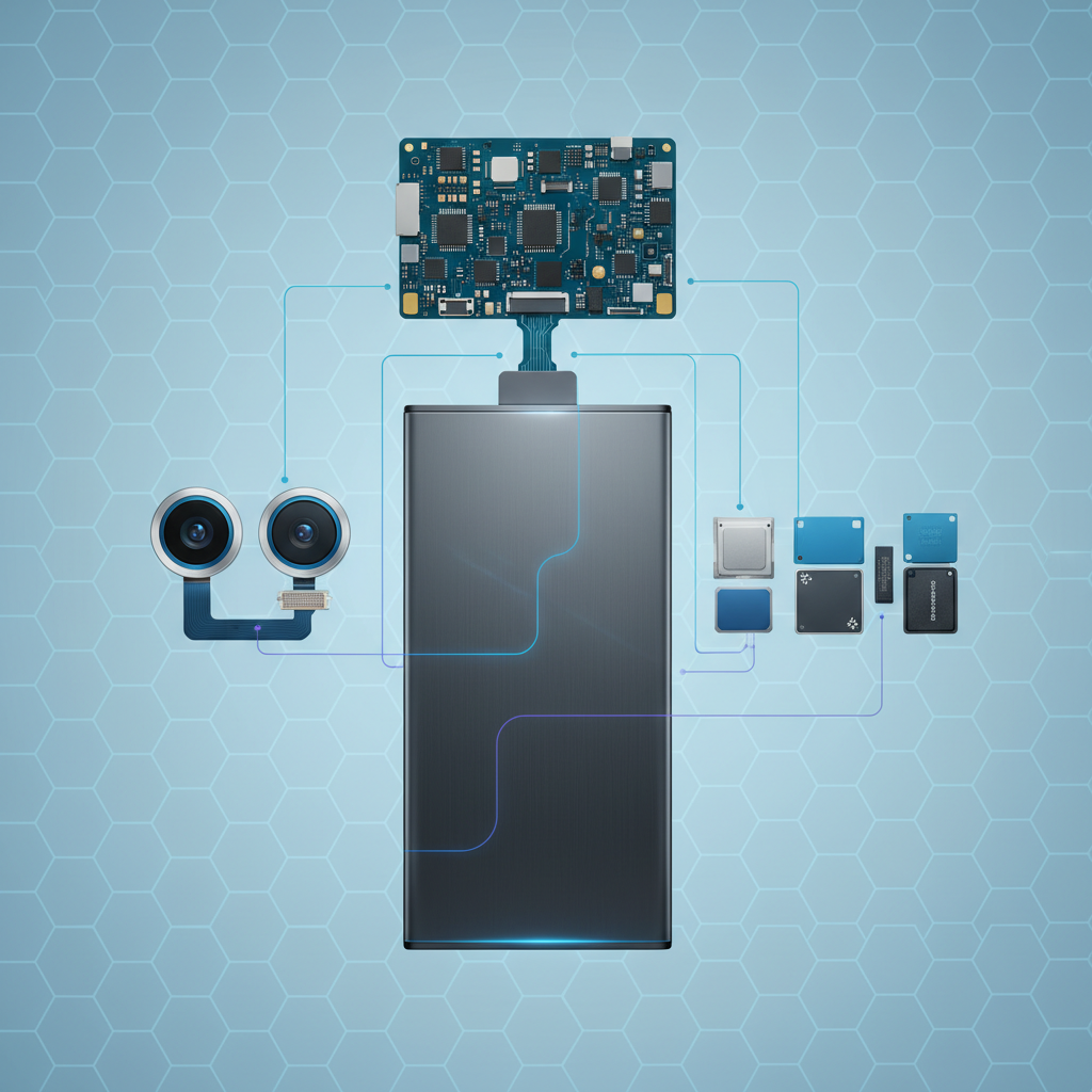 A clean infographic showing the internal components of a disassembled iPhone Air, with a large battery dominating the center. Emphasize organized components like the logic board at the top. Style: modern tech infographic. No text. Colors are sleek and futuristic.