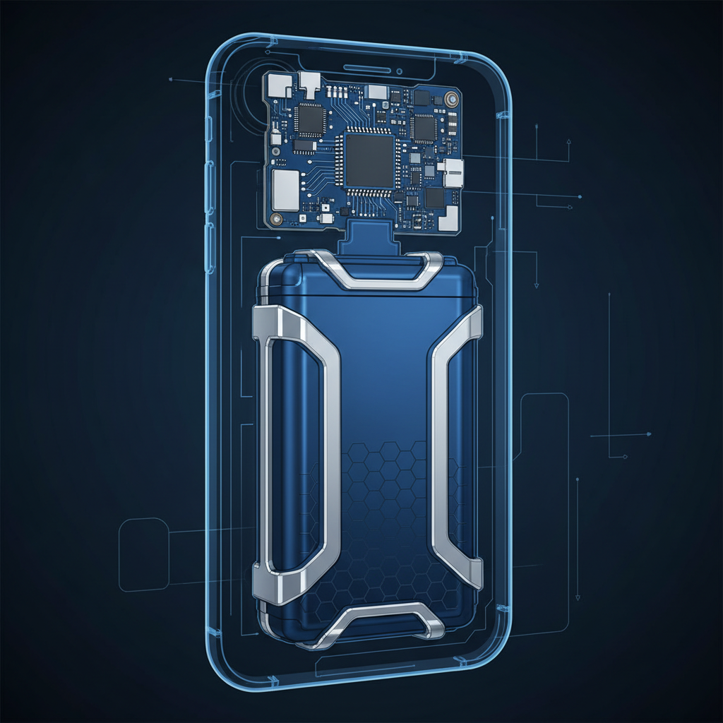 A detailed, slightly X-ray-like infographic of the iPhone Air showing the logic board at the top and a large, resilient battery filling most of the central body, emphasizing durability and structural integrity. Style: clean, technical infographic. No text. Colors in blue and silver tones.