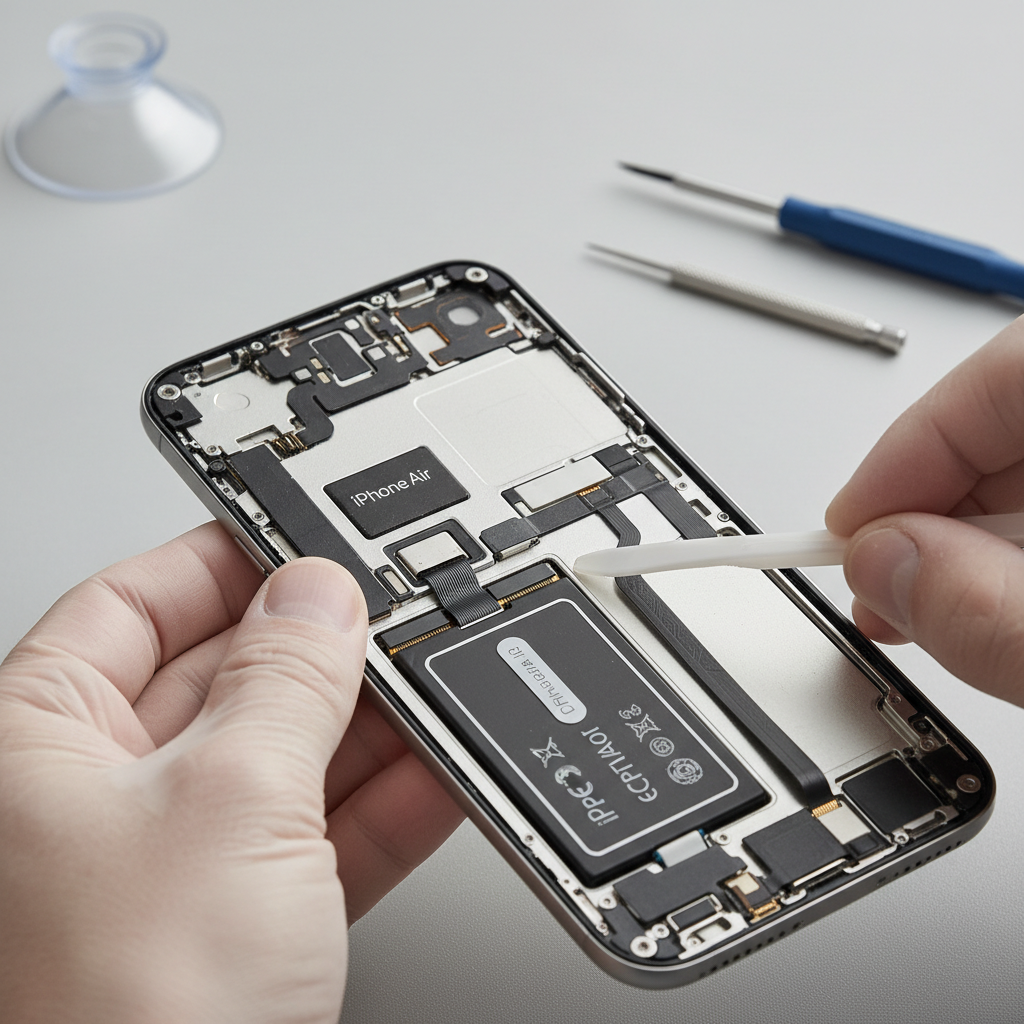A close-up, clear photographic style image of a technician's hands carefully disassembling an iPhone Air, showing easy access to components like the USB-C port and battery. Tools are visible, but the focus is on the phone's open, accessible interior. Style: realistic, clean lifestyle photography. No text, bright lighting.