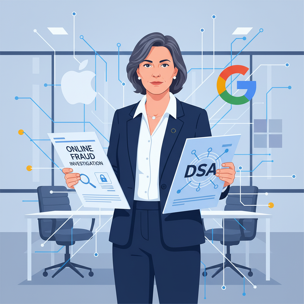 An illustration of a European Union official in a modern office, looking determined while holding documents related to "online fraud investigation" and "DSA," with subtle digital elements representing Apple, Google, and Microsoft logos in the background. The atmosphere is serious but professional. Clean infographic style. No text.