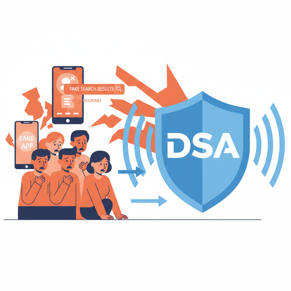 A stylized infographic showing various online scams (fake apps, fake search results) impacting worried people, with a large shield labeled 'DSA' (Digital Services Act) protecting them. Emphasize the contrast between vulnerability and protection. Clean infographic style. No text.