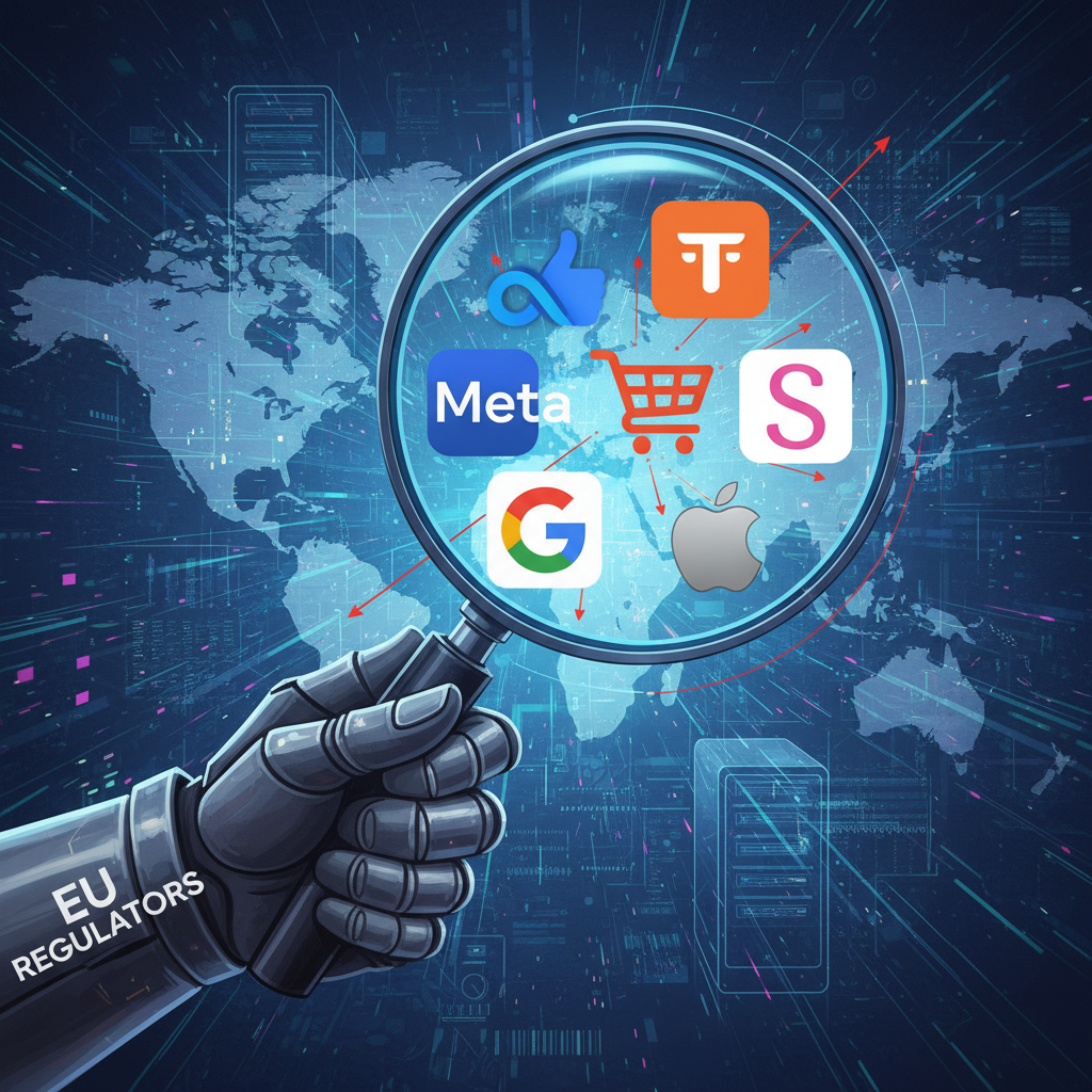 A dynamic illustration showing various tech company logos (Meta, Temu, Shein, Apple, Google) being observed under a magnifying glass held by an arm labeled 'EU Regulators.' The background suggests a global digital landscape. Focus on expansion and scrutiny. Illustration style. No text.