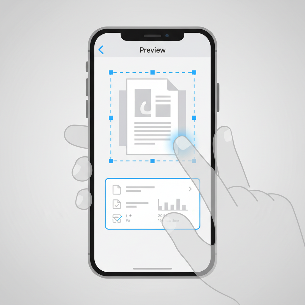 A close-up of an iPhone screen showing the 'Preview' app editing a PDF document. Highlight the cropping tool and document information panel. The user's hand is subtly visible. Style: clean infographic, clear visuals, no text.