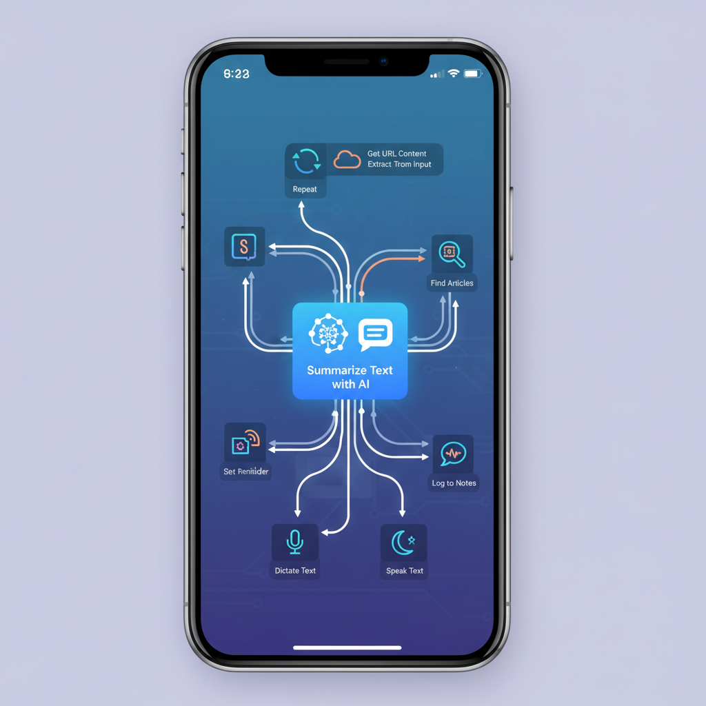 An iPhone screen displaying the Shortcuts app interface. A complex workflow is being configured, showing an AI integration step like "Summarize Text with AI." The icons and flow lines are clear. Style: clean infographic, futuristic, no text.