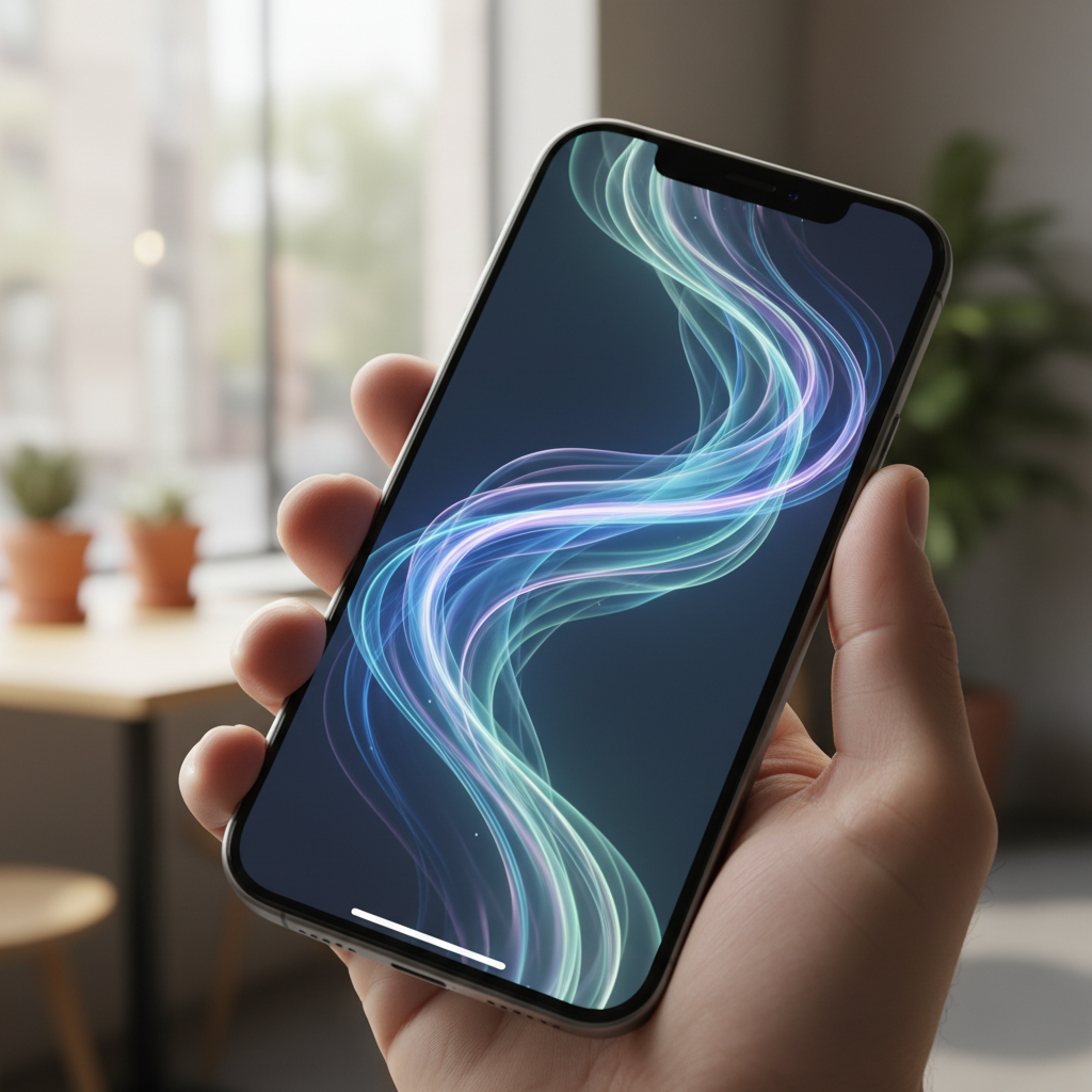 A close-up lifestyle photography shot of a sleek, modern smartphone (iPhone 17) displaying a fluid, high-refresh-rate animation on its screen. The screen glows softly, indicating the 120Hz ProMotion technology. The background is blurred, focusing on the phone. Natural, soft lighting. No text in image.