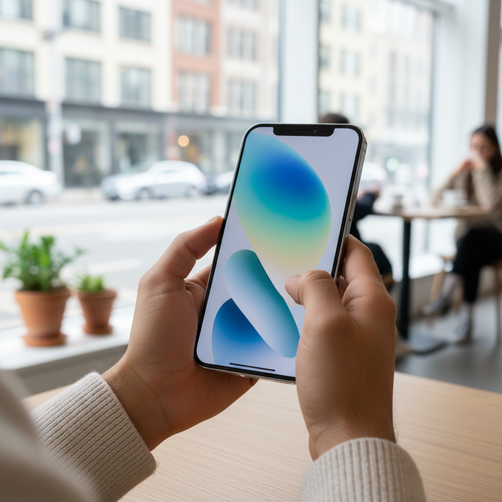 Lifestyle photography of a person holding an iPhone 17, showcasing its sleek design and slightly larger 6.3-inch edge-to-edge display. The person is casually interacting with the phone in a modern, bright setting. Natural lighting. No text in image.