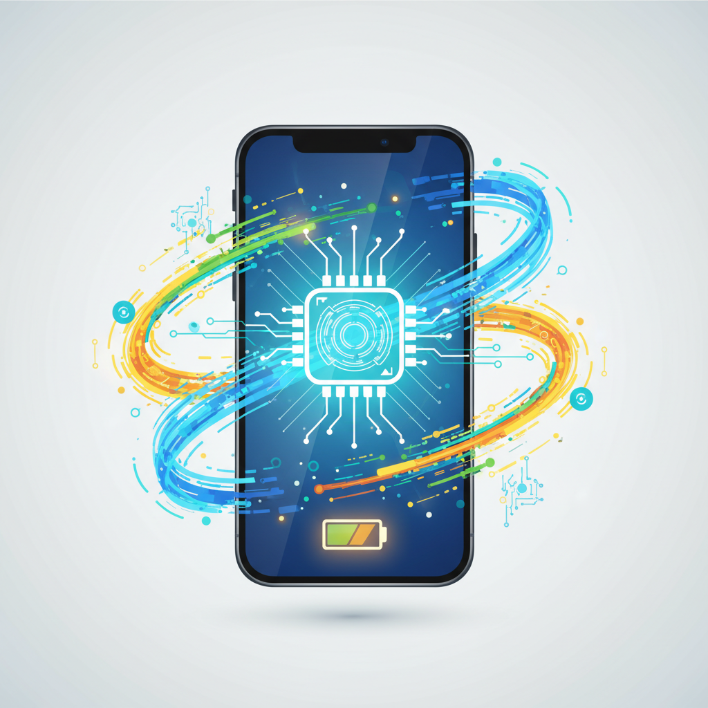 Clean infographic illustration showing a smartphone (iPhone 17) with a stylized chip icon emanating power and speed, surrounded by data streams and subtle tech elements. Represents efficient processing and battery life. Bright, modern color palette. No text in image.