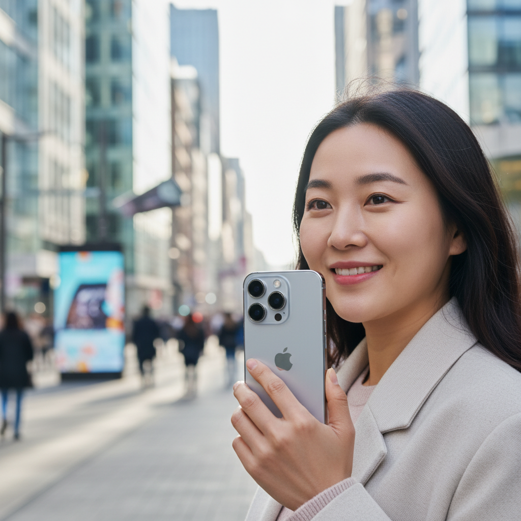 Lifestyle photography of a confident, smiling Korean person holding an iPhone 17, looking satisfied. The background is a bright, modern urban setting, subtly implying daily use and seamless integration into life. Natural lighting, focus on satisfaction and value. No text in image.