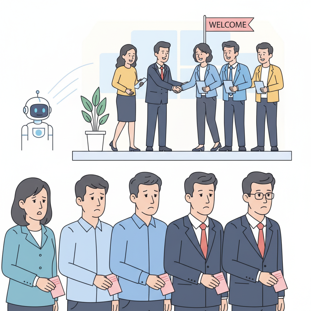 An illustration depicting a corporate office setting where a group of diverse tech workers (Korean and other East Asian appearances) are being handed pink slips, while in the background, another group of foreign workers with H1-B visas are being welcomed. A subtle AI robot figure is in the corner. Clean infographic style, natural lighting. No text.