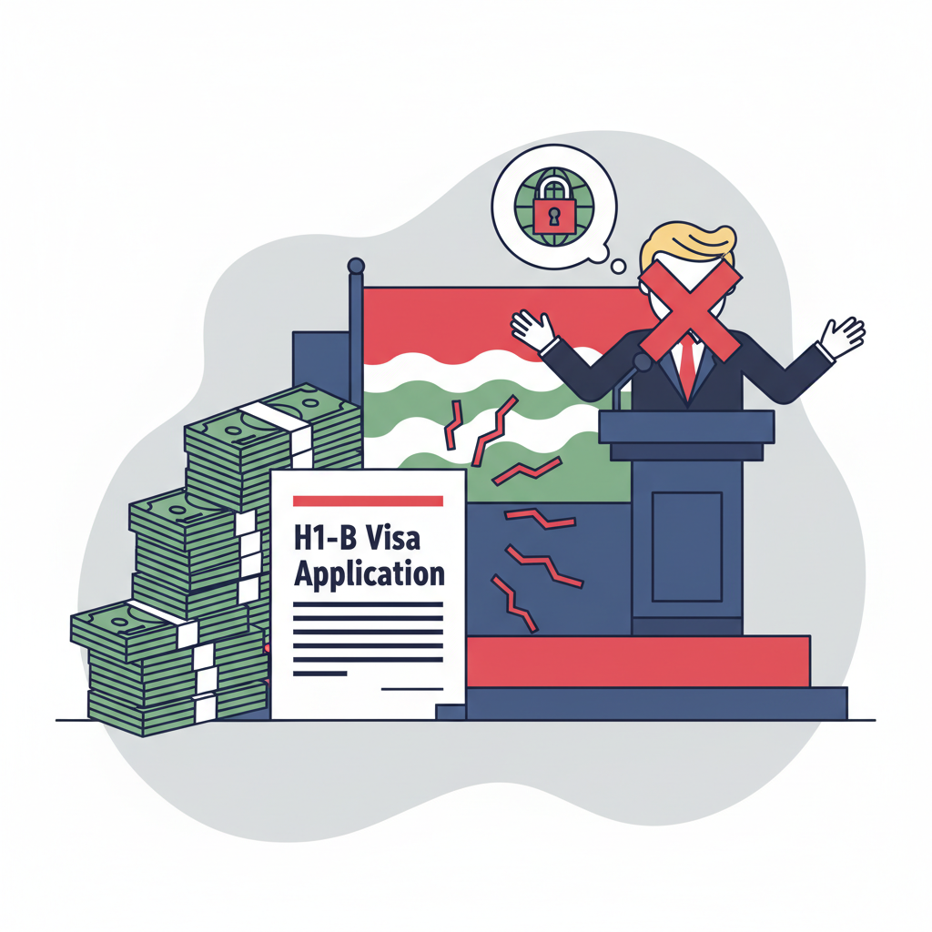 An illustration showing a large stack of money ($100,000) next to a document labeled 'H1-B Visa Application'. In the background, a person (possibly Trump, but not explicitly him) is making a policy announcement. The atmosphere is tense. Clean infographic style. No text.