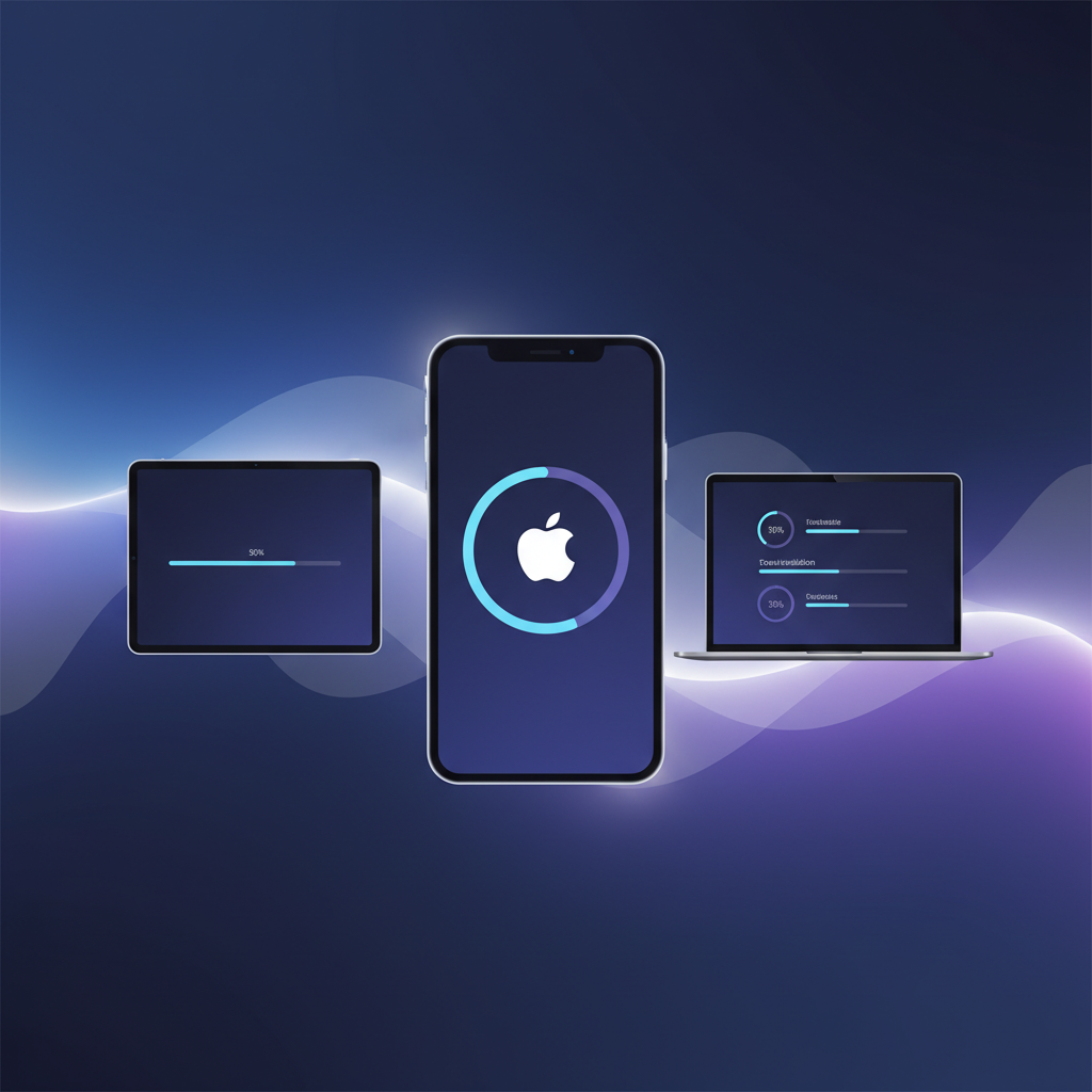A clean infographic showing various Apple devices (iPhone, iPad, Mac) with update progress bars, illustrating software updates being installed. The style is modern and digital, with a focus on smooth, seamless technology. No text.