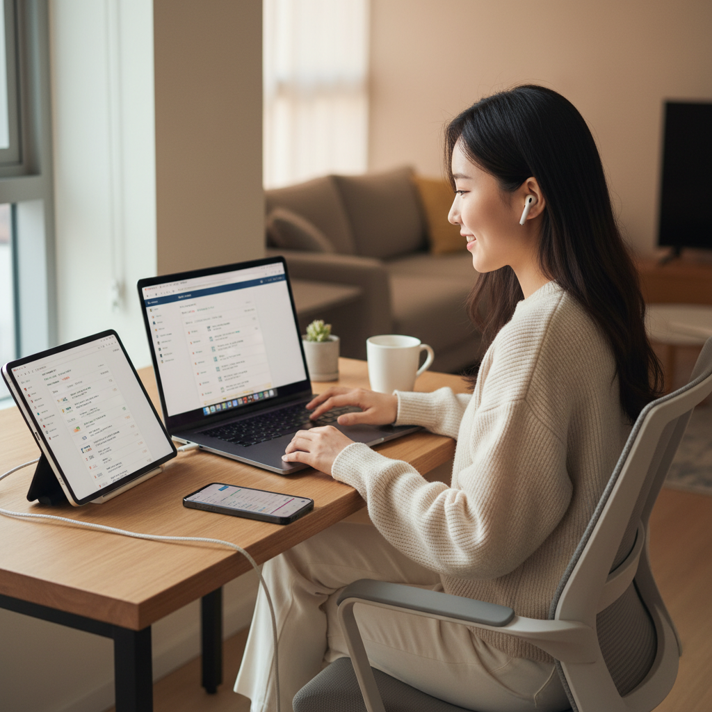 Lifestyle photography of a Korean user seamlessly working across multiple Apple devices (MacBook, iPhone, iPad) on a desk, all displaying consistent software. Focus on smooth operation and connectivity. Natural daylight. No text.