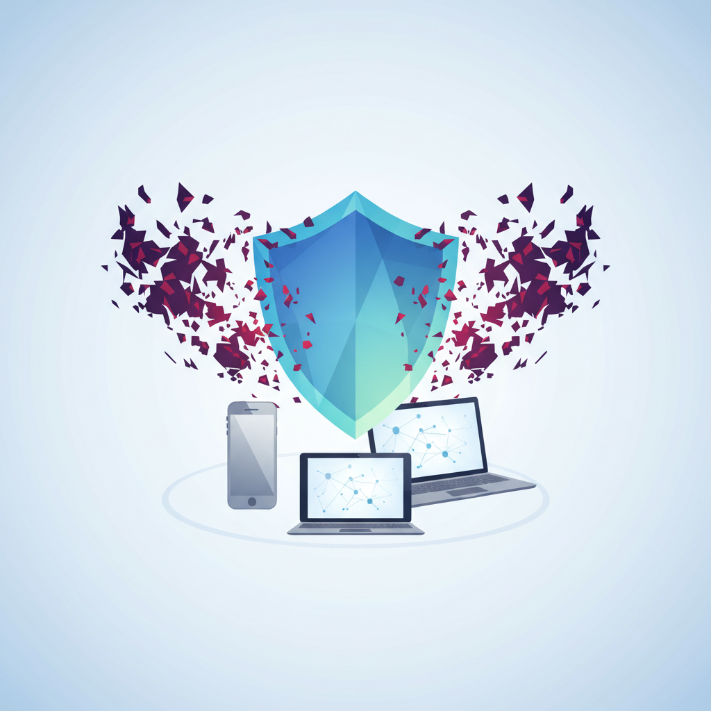 A conceptual infographic illustration showing a shield protecting various digital devices (smartphone, laptop, tablet) from malicious code or abstract threats, symbolizing robust cybersecurity. Clean, modern design. No text.